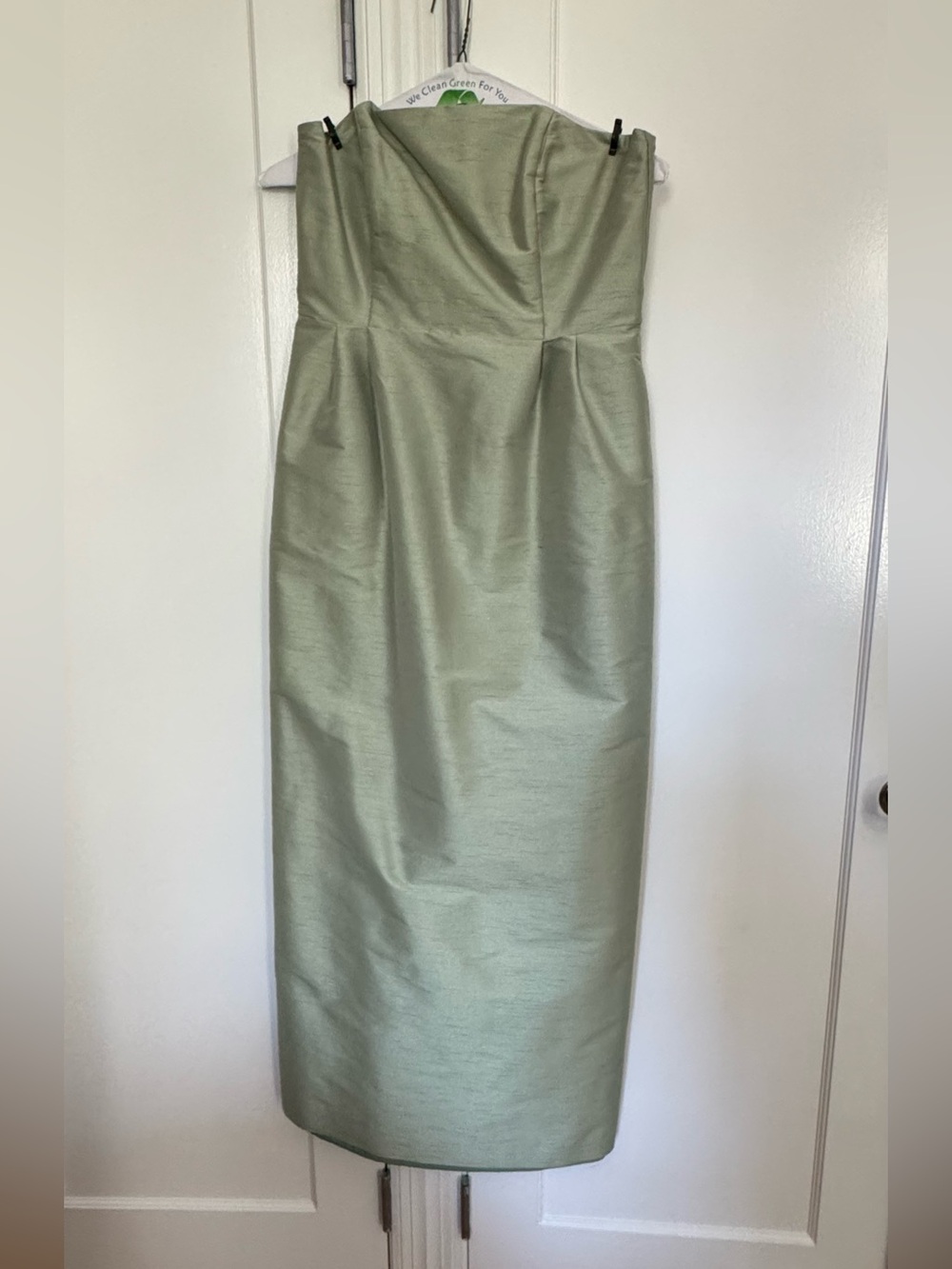 Lula Kate Strapless Sage Green Satin Dress. Style: Hannah with Brunch Skirt